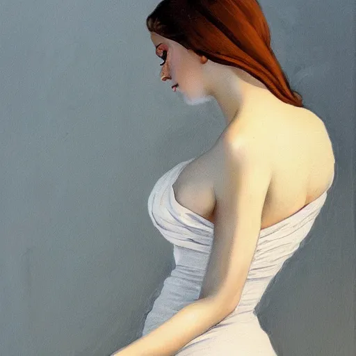 Prompt: photorealistic painting of a beautiful young woman in a white dress with cartoonishly exaggerated proportions, huge bust, narrow waist, wide hips