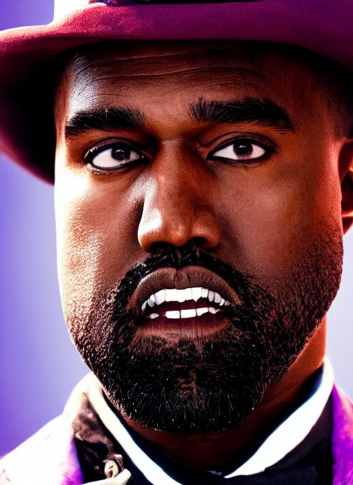 Image similar to portrait kanye west as willy wonka in django unchained, splash art, movie still, cinematic lighting, long lens, shallow depth of field, bokeh, anamorphic lens flare, 8 k, hyper detailed, 3 5 mm film grain