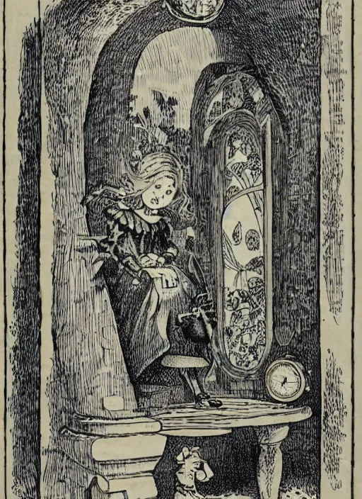 Prompt: A pen and ink illustration of portrait of alice in wonderland, ornate border around the side, 1800's style design