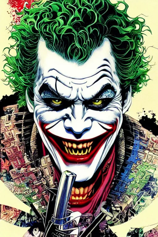 Image similar to poster of heath ledger's joker as a samurai, by yoichi hatakenaka, masamune shirow, josan gonzales and dan mumford, ayami kojima, takato yamamoto, barclay shaw, karol bak, yukito kishiro, highly detailed