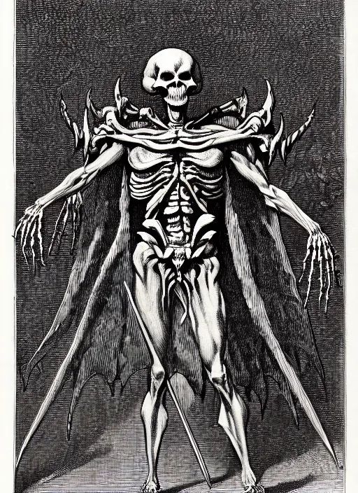 Image similar to illustration of motu's skeletor as a demon from the dictionarre infernal, etching by louis le breton, 1 8 6 9, 1 2 0 0 dpi scan, ultrasharp detail, clean scan