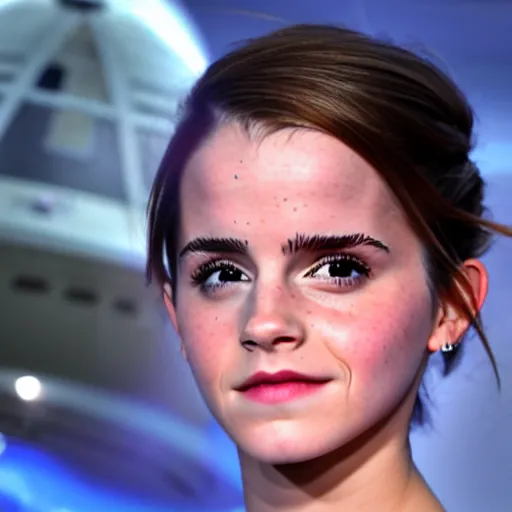 Image similar to emma watson floating in a beam of blue light underneath a silver flying saucer at night,