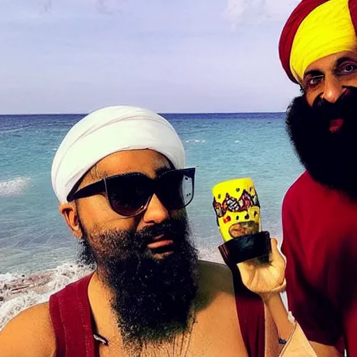 Prompt: osama bin ladan hanging out with sponge bob hitting the bong on a beautiful sunny day on the beach in the middle of mexico