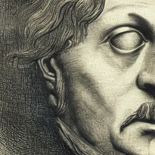 Prompt: Close-up of Descartes, pencil drawing. El Greco, Remedios Varo, Salvador Dali, Carl Gustav Carus, John Atkinson Grimshaw. Blue tint. Symetrical, logo, geometric shapes.