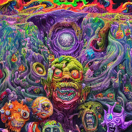 Image similar to a high hyperdetailed painting with complex textures of a group of deformed monsters united within a larger monster, made of candies and psychotropic psychoactive substances cosmic psychedelic fulcolor spiritual chaos surrealism horror bizarre psycho art