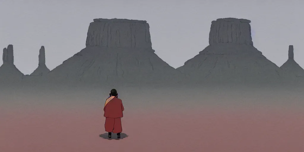 Image similar to a realistic cell - shaded studio ghibli concept art from paprika ( 2 0 0 6 ) of a monk meditating and a small mammoth from close encounters of the third kind ( 1 9 7 7 ) in a flooded monument valley stonehenge. very dull colors, wide shot, hd, 4 k, hq