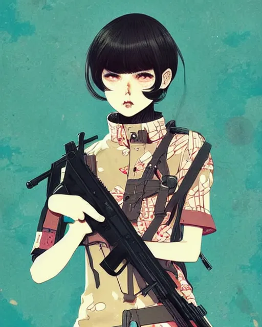 Image similar to girl holding rifle, manga!! detailed manga illustration!! intricate details, aesthetically pleasing pastel colors, poster background, aesthetic details, art by conrad roset and ilya kuvshinov