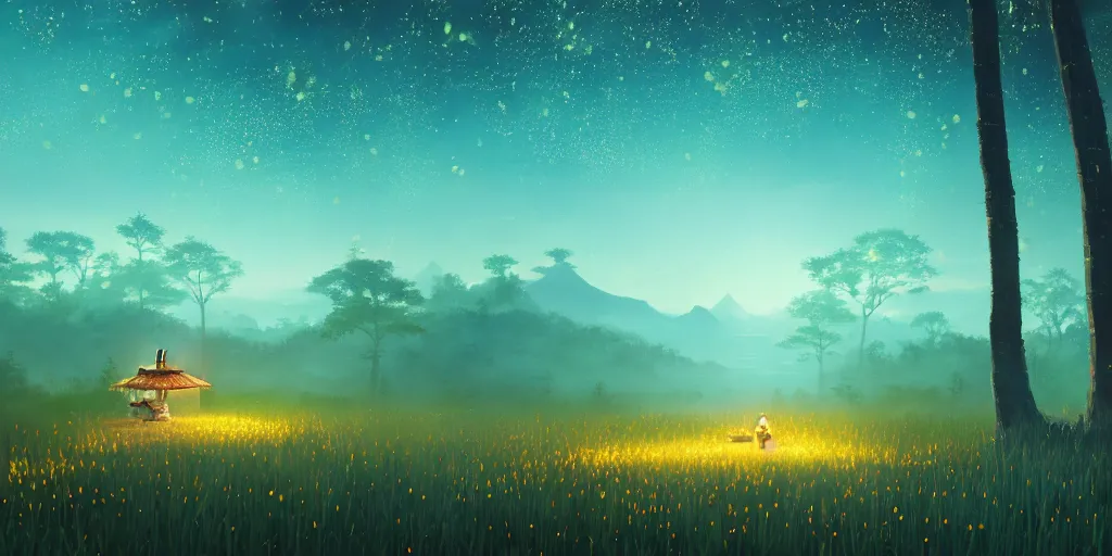 Prompt: a beautiful painting of thousands of fireflies glow in the forests, chinese ancient architecture, lake, underwater photography, quiet ， trending on artstation, 8 k, light effcet,, rtx on, breath of the wild, beeple and studio ghibli style ， ultrawide shot ， cinematic light