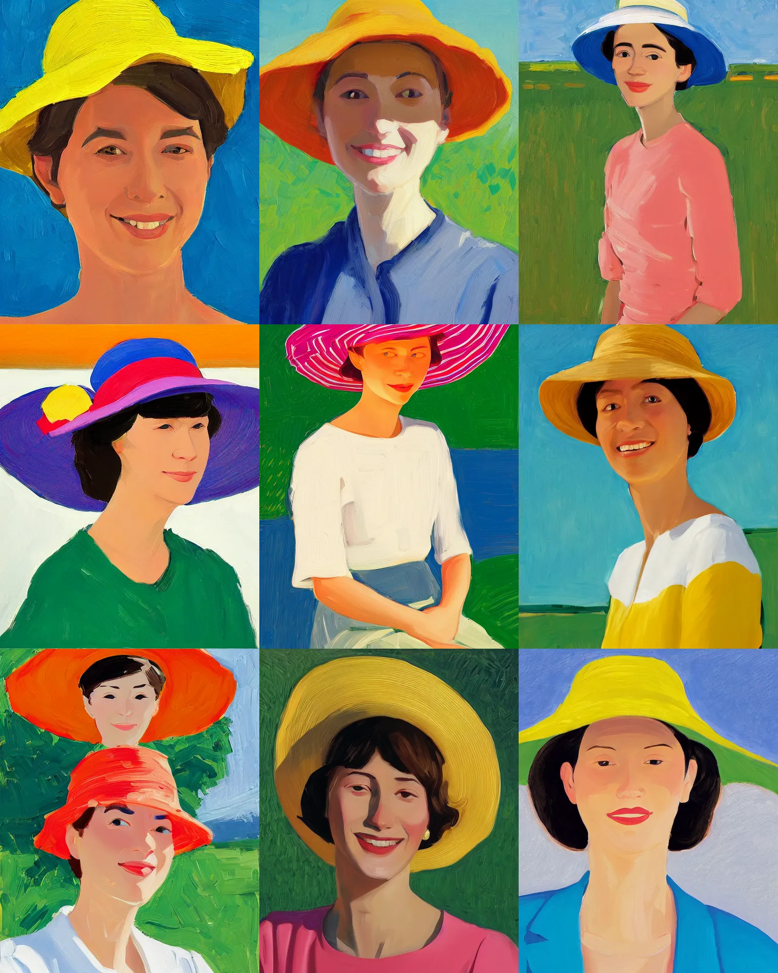 Image similar to portrait of a smiling young woman with sun hat, short hair, light background, colorful, peaceful, by alex katz, close up