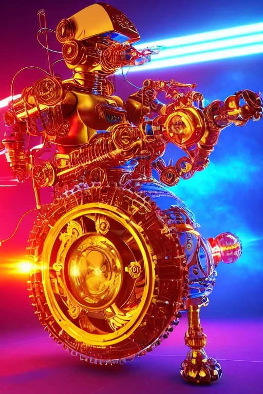 Image similar to portrait photo of a giant huge golden and blue metal futuristic steampunk robot with a red guitar covered with multicolored big gears and tubes, eyes are glowing red lightbulbs, shiny crisp finish, 3 d render, 8 k, insaneley detailed, fluorescent colors, background is multicolored lasershow