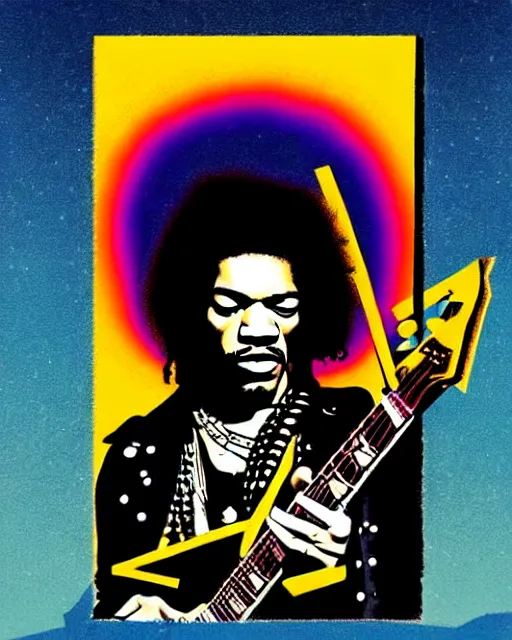 Prompt: grunge rock jimi hendrix taking a selfie with his iphone, instagram, tiktok, postmodern surrealist concert poster, grainy poster art, hand drawn matte painting by lynd ward and gary houston, smooth, sharp focus, extremely detailed, 5 0 mm.