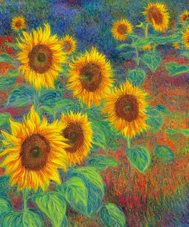 Image similar to sunflower garden, water painting, monet, heavenly, sun rays, intricate, colorful, highly detailed, digital painting, soft tones