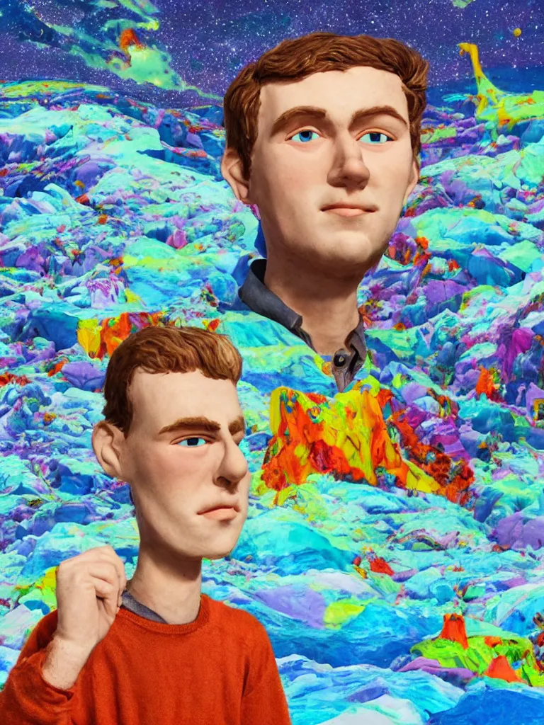 Image similar to a portrait of a young english man holding a colorful blotter paper of lsd acid and dreaming psychedelic hallucinations in the vast icy landscape of antarctica, in claymation style, 8 k,