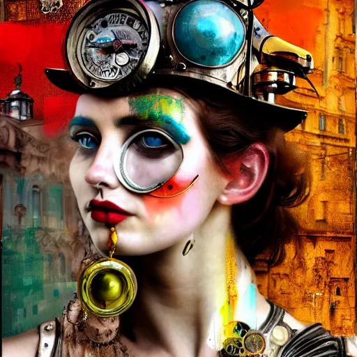 Image similar to steam punk roman pasquino, contemporary collage, highly detailed, digital painting, 4 k, hdr, punk, fashion, smooth, sharp focus, art by nick knight, sandra chevrier and john hoyland