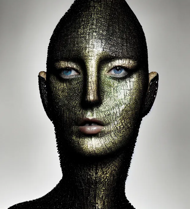 Image similar to photography face portrait of one female fashion model in rainforest, wearing one organic futurist cape designed by iris van herpen,, photography by paolo roversi nick knight, helmut newton, avedon, and araki, sky forest background, natural pose, highly detailed, skin grain detail