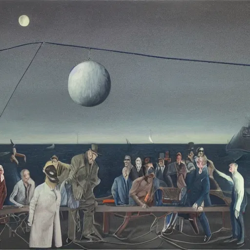 Prompt: the meeting of conspiracy theorists at the docks at midnight, surrealist painting