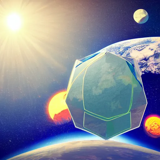 Image similar to hexagon floating above planet earth in front of the sun, trending on art station, retro futurism, photo realistic, perspective