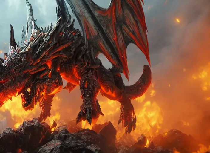 Image similar to deathwing from world of warcraft, ultra realistic 4 k unreal engine very cinematic render with ray tracing bloom ambient occlusion strong reflections depth of field fog