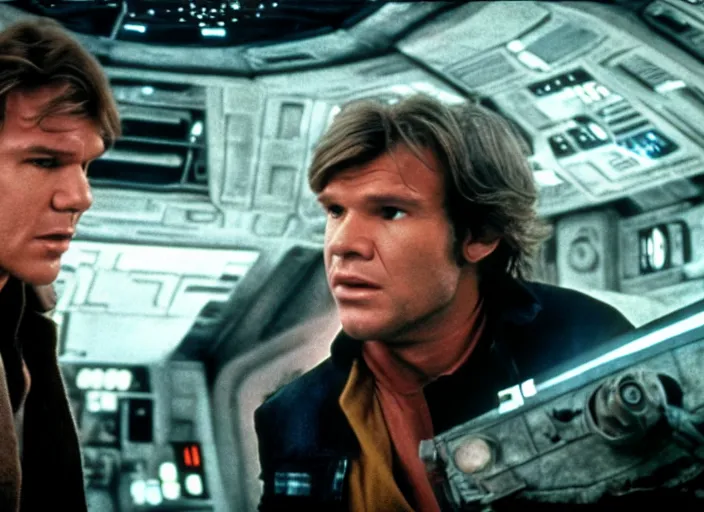 Prompt: screenshot of Han Solo on the millenium falcon talking to a hologram of Luke Skywalker iconic scene from the 1970s sci fi thriller directed by Stanely Kubrick film, color kodak, ektochrome, anamorphic lenses, detailed faces, moody cinematography