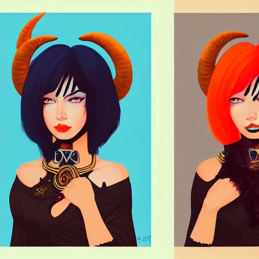 Image similar to illustrated portrait of ram-horned devil woman with blue bob hairstyle and colored orange skin tone and with solid black eyes and black sclera wearing leather by rossdraws