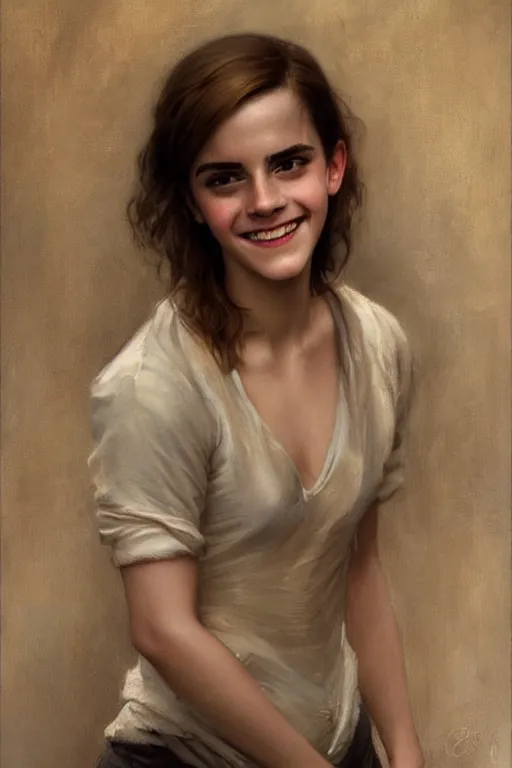 Prompt: emma watson smiling gathered faille v - neck detailed portrait painting by gaston bussiere craig mullins j. c. leyendecker award winning photograph photorealsitic octane render