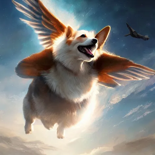 Image similar to corgi with [ angelic wings ]!!, [ flying like a superhero ]!! in the [ night sky ]!! where the stars are visibly perceptible, [ realistic photo ]!!, [ illustrated by greg rutkowski ]!!, trending on artstation