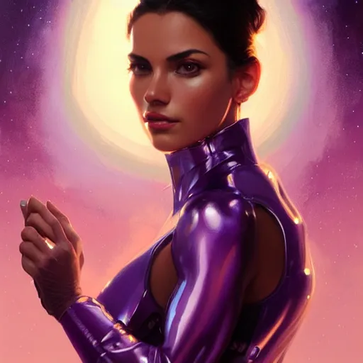 Image similar to Portrait of very very very very very very beautiful Latina woman, spacesuit, purple eyes, intricate, elegant, highly detailed, digital painting, artstation, concept art, smooth, sharp focus, illustration, art by artgerm and greg rutkowski and alphonse mucha