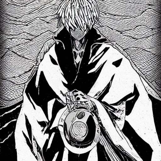 Prompt: black and white pen and ink!!!!!!! MAPPA designed Ryan Gosling x Guts wearing cosmic space robes made of stars final form flowing royal hair golden!!!! Vagabond!!!!!!!! floating magic swordsman!!!! glides through a beautiful!!!!!!! Camellia!!!! Tsubaki!!! death-flower!!!! battlefield dramatic esoteric!!!!!! Long hair flowing dancing illustrated in high detail!!!!!!!! by Moebius and Hiroya Oku!!!!!!!!! graphic novel published on 2049 award winning!!!! full body portrait!!!!! action exposition manga panel black and white Shonen Jump issue by David Lynch eraserhead and beautiful line art Hirohiko Araki!! Rossetti, Millais, Mucha, Jojo's Bizzare Adventure!!