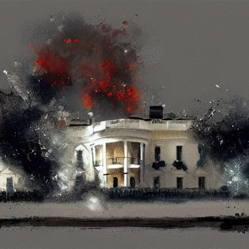 Image similar to the white house being exploded, tragic, beautiful, craig mullins, historic