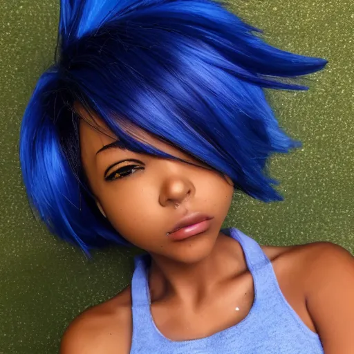 Image similar to a dark skinned anime tomboy with short spiky light blue hair