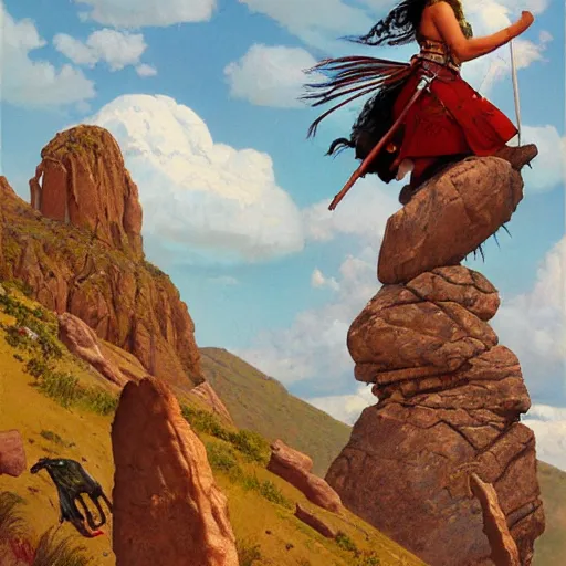 Prompt: full body portrait of young native american woman standing on rock, triumphant, looking up skywards, clothed, norman rockwell, logan maxwell, ryan pancoast, artstation fantasy character