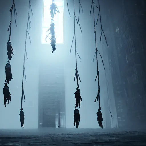 Image similar to illustration of rows of limp homunculus hanging like clothing in an ice box, rolling fog, cyberpunk, dystopian, dramatic lighting, unreal engine 5