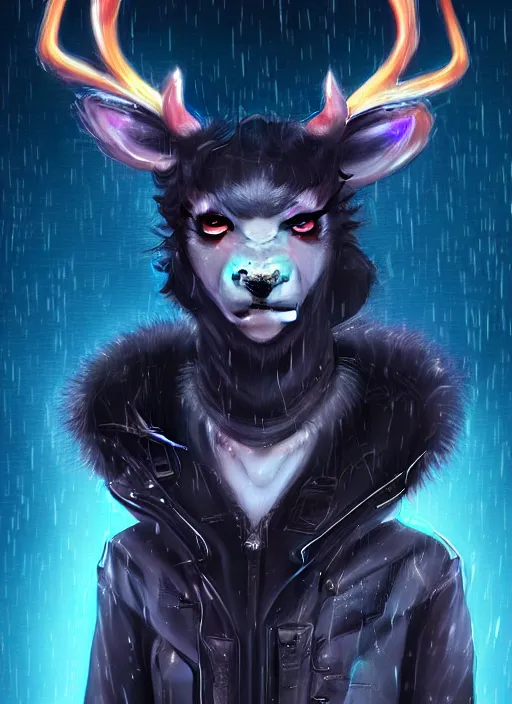 Image similar to award winning beautiful portrait commission of a male furry anthro Black Reindeer cyberpunk fursona with a tail, wings, wings, wings and a cute beautiful attractive detailed furry face wearing a crown, stylish black and rainbow galaxy clothes, outline, in a cyberpunk city at night while it rains. Character design by charlie bowater, ross tran, artgerm, and makoto shinkai, detailed, inked, western comic book art