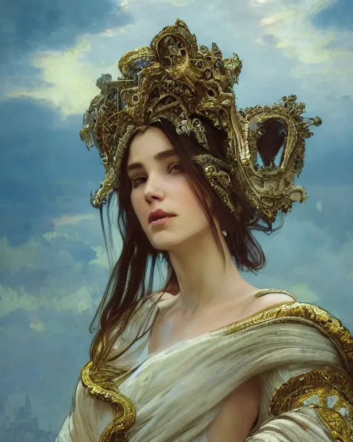 Image similar to a beautiful close up portrait of a sorceress sitting with elegant looks, flowing robe, ornate and flowing, intricate and soft by ruan jia, tom bagshaw, alphonse mucha, krenz cushart, beautiful roman architectural ruins in the background, epic sky, vray render, artstation, deviantart, pinterest, 5 0 0 px models