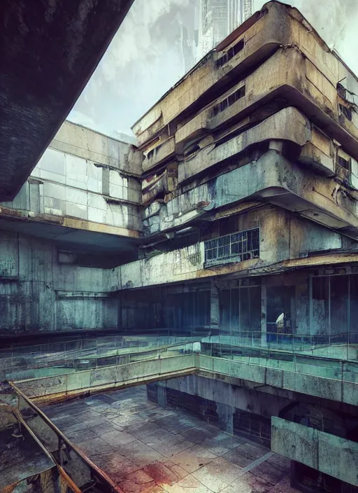 Prompt: “derelict architecture single building , cyberpunk setting, building designed by architect Oscar Niemeyer, architecture digest, building surrounded in a luxury environment, bright tones, fluorescent lighting,volumetric Lighting, photorealism, high detail, golden ratio, cinematic, octane renderer”