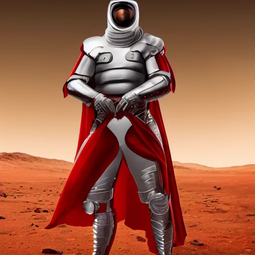 Image similar to tall muscular infantry man in glossy sleek white armor with tiny red details and a long red cape, heroic posture, on the surface of mars, night time, dramatic lighting, cinematic, sci-fi, hyperrealistic, movie still