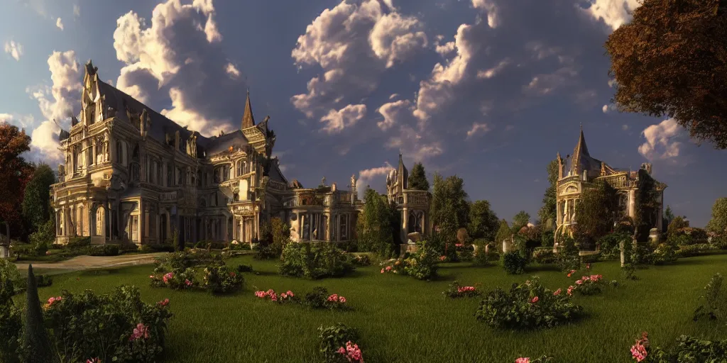 Image similar to gothic, mansion, few clouds, dawn, flowerbeds, vines, god rays, realistic, filmic lighting, very detailed, ornate, volumetric, by artstation, artemisia gentileschi, wide angle