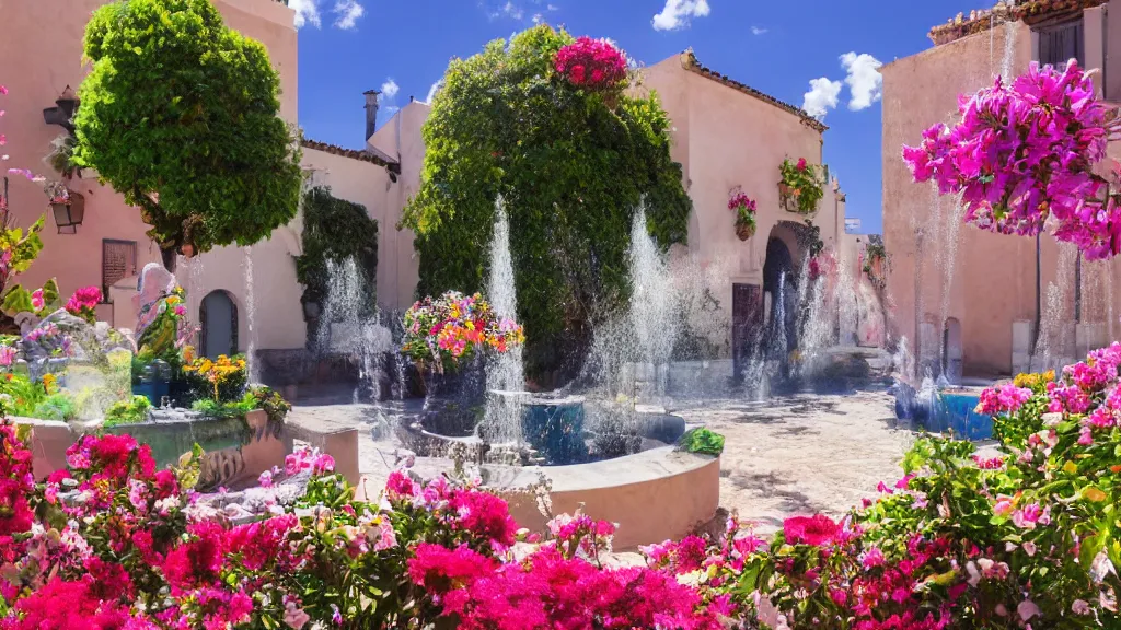 Prompt: andalusian patio full of flowers, colorful surrealist composition, fountain inside, dreamy scenario, sunny sky, open plan, ropes around walls, unreal engine