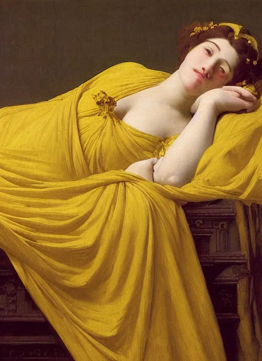 Image similar to masterpiece portrait of lady reclining on bed wearing yellow ochre ornate medieval dress, vertical, foreshortening, colour photography by frederic leighton, william morris, 8 k