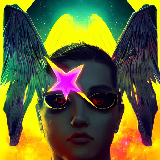 Prompt: multicolored open wings, a big yellow star below, an open eye in its center, space in the background, cyberpunk, details visible, digital art