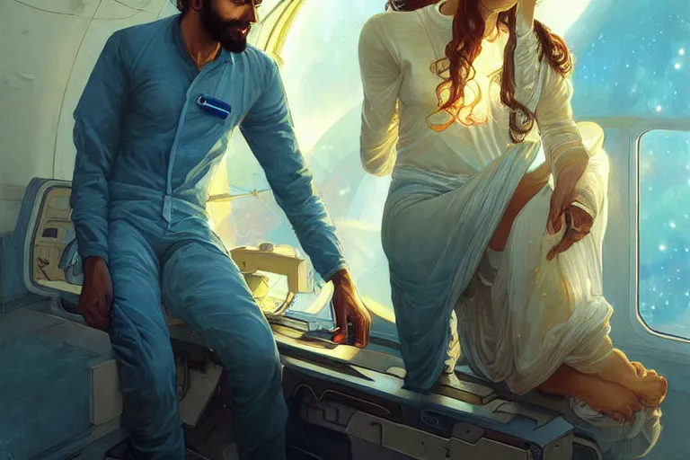 Image similar to Sensual good looking pale young Indian doctors wearing jeans in a space station above Earth, portrait, elegant, intricate, digital painting, artstation, concept art, smooth, sharp focus, illustration, art by artgerm and greg rutkowski and alphonse mucha