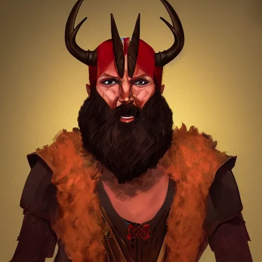 Prompt: dnd render of a man, red, a big black beard, golden eyes, 2 curved horns, one broken horn,