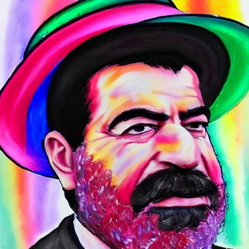 Prompt: rainbow portrait of saddam hussein wearing a pink puffy jacket and a black bucket hat, 8 k, very detailed, very intricate,