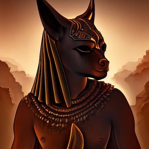 Image similar to anubis of the underworld, concept art, masterpiece, digital art, ultra detailed, sharp focus, cinematic lighting, 8 k hd resolution