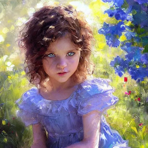 Image similar to a little girl with short curly light brown hair and blue eyes sitting in a lovely garden. beautiful painting by raymond swanland and magali villanueve, beautiful detailed face.