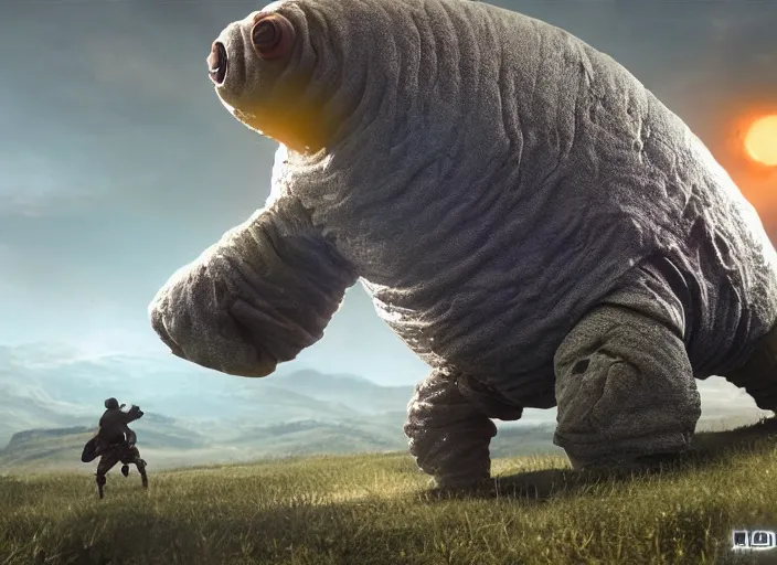 Prompt: A man riding a giant tardigrade to freedom, Unreal Engine, cinematic, dramatic