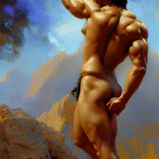 Prompt: Young greek god, muscular, detailed face, thighs, painting by Gaston Bussiere, Craig Mullins