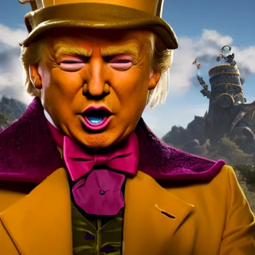 Image similar to portrait of donald trump as willy wonka in morrowind, fantasy, warcraft, warhammer, splash art, movie still, cinematic lighting, dramatic, octane render, long lens, shallow depth of field, bokeh, anamorphic lens flare, 8 k, hyper detailed, 3 5 mm film grain