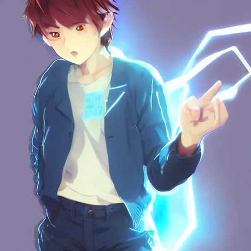 Image similar to very cool anime boy, short silver hair, azure blue watery eyes, full round face, seductive glances, wearing River City Ransom suit, lens flare, cinematic lighting, medium shot, mid-shot, highly realistically detailed, trending on pixiv, Unreal Engine 4k, Stanley Artgerm Lau, WLOP, Rossdraws, James Jean, Marc Simonetti