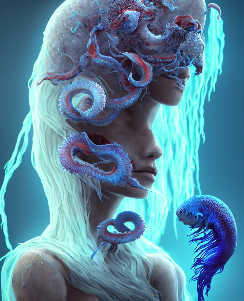 Image similar to hooded goddess close - up portrait hooded human skull, ram skull, squid phoenix jellyfish, orchid, betta fish, bioluminiscent, intricate artwork by tooth wu and wlop and beeple. octane render, trending on artstation, greg rutkowski very coherent symmetrical artwork. cinematic, hyper realism, high detail, octane render, 8 k